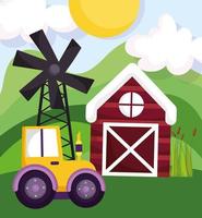 farm animals tractor barn windmill field cartoon vector