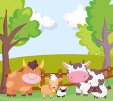 animales de granja toro vaca cabra oveja valla árboles dibujos animados vector