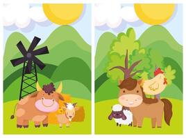 animales de granja toro caballo oveja gallina molino de viento árboles dibujos animados vector