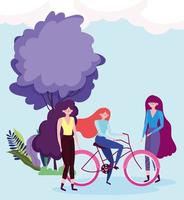 transporte ecológico, grupo de mujeres y dibujos animados en bicicleta al aire libre vector