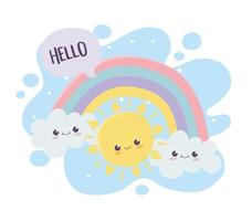 lindo sol arco iris nubes hola kawaii personaje de dibujos animados vector