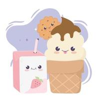 Linda caja de jugo y helado personaje de dibujos animados kawaii vector