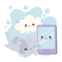 cute little cat with smartphone cloud kawaii cartoon character vector