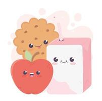 Linda caja de jugo de manzana y galletas kawaii personaje de dibujos animados vector