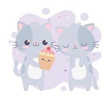 Lindos gatitos con dulces cupcakes kawaii personaje de dibujos animados vector