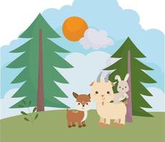 camping lindo ciervo cabra y conejo pinos prado sol dibujos animados vector