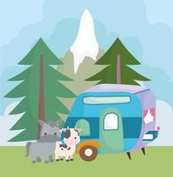 camping cute donkey cow and trailer trees mountain cartoon vector