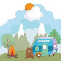 camping lindo oso remolque hoguera árboles montañas dibujos animados vector