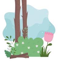 troncos de camping arbustos flores follaje vegetación dibujos animados vector