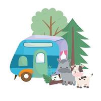 camping linda vaca burro remolque bosque árboles naturaleza dibujos animados vector