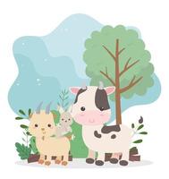 camping cute cow rabbit and goat tree bush nature cartoon vector