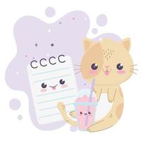 cute cat milkshake and notepad kawaii cartoon character vector