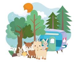 camping lindos conejos cabra ciervos pollo remolque bosque dibujos animados vector