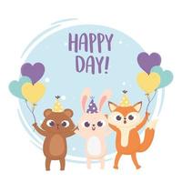 happy day, bear rabbit and fox with party hat balloons vector