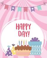 happy day, cake gift box party hat and pennants vector