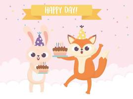 happy day, little fox rabbit with cakes and balloons vector