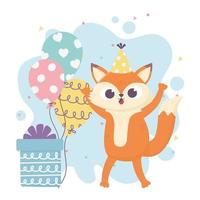 happy day, little fox with hat gift box and balloons vector
