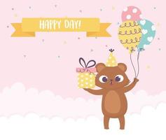 happy day, little bear with gift and balloons cartoon vector