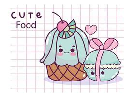Magdalena de comida linda y macarrones con cinta de dibujos animados de pastelería de postre dulce vector