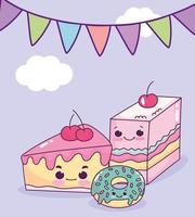 lindo pastel de gelatina de comida y donut dulce postre pastelería dibujos animados vector