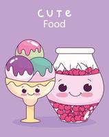 Cute food ice cream scoops y jar con cerezas postre dulce pastelería cartoon vector