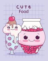 cute food ice cream glass and jar with cherries sweet dessert pastry cartoon vector