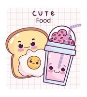 cute food breakfast slice bread fried egg sweet dessert pastry cartoon vector