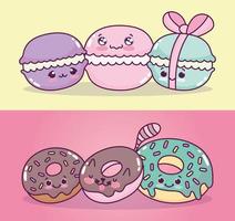 linda comida adorables macarrones y donas dulce postre pastelería dibujos animados vector