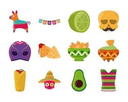 cinco de mayo celebración mexicana fiesta festiva iconos nacionales establecer icono de estilo plano vector