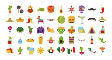 cinco de mayo mexican celebration festive party national icons set flat style icon vector