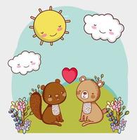 cute animals, adorable bear and squirrel in the grass vector