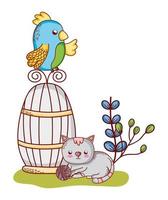 cute animals, parrot on cage cat with ball nature cartoon vector