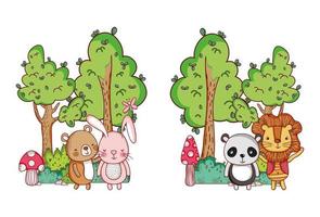 cute animals, rabbit bear lion and panda trees nature cartoon vector