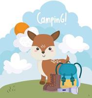 camping lindo ciervo mochila linterna botas hierba dibujos animados vector