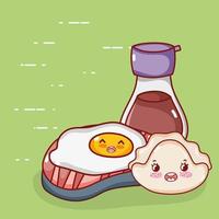 kawaii fried egg cookie and sake food japanese cartoon, sushi and rolls vector