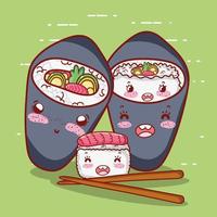 kawaii sushi y temaki palos comida dibujos animados japoneses, sushi y rollos vector