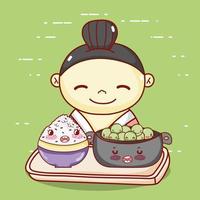 geisha with bowl and rice in tray food japanese cartoon, sushi and rolls vector