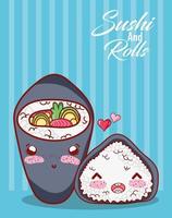 temaki kawaii y rollo de arroz aman la comida dibujos animados japoneses, sushi y rollos vector