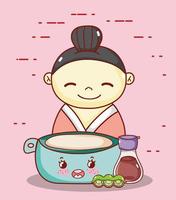 geisha with bowl sake and peas kawaii food japanese cartoon, sushi and rolls vector