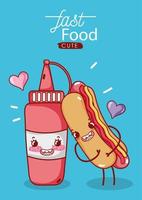 comida rápida lindo hot dog y salsa de tomate amor corazones dibujos animados vector