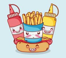 fast food cute french fries hot dog mustard and sauce cartoon vector