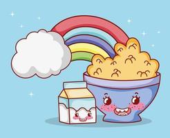 desayuno lindo tazón con cereal caja de leche dibujos animados de arco iris vector