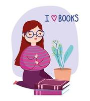 mujer joven con libros y planta en maceta, día del libro vector