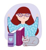 mujer joven con gafas libros y gato gris, día del libro vector