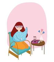 mujer joven, en, silla, mesa, con, libro, taza de café, y, flores, en, florero, día del libro vector