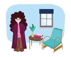 young woman with long curly hair in the room with chair and books, book day vector