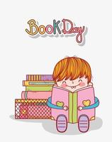cute little boy sitting with open book and stacked books vector