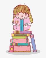 little girl reading book in stacked books cartoon vector