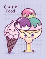 cute food ice cream scoops and cone sweet dessert pastry cartoon vector