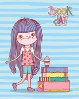 little girl with smoothie and stacked books stripes background vector